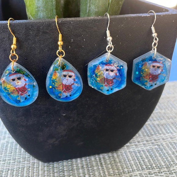 XMAS Handmade Festive Small Holiday Vibes Earrings Blue hexagon - Picture 10 of 13